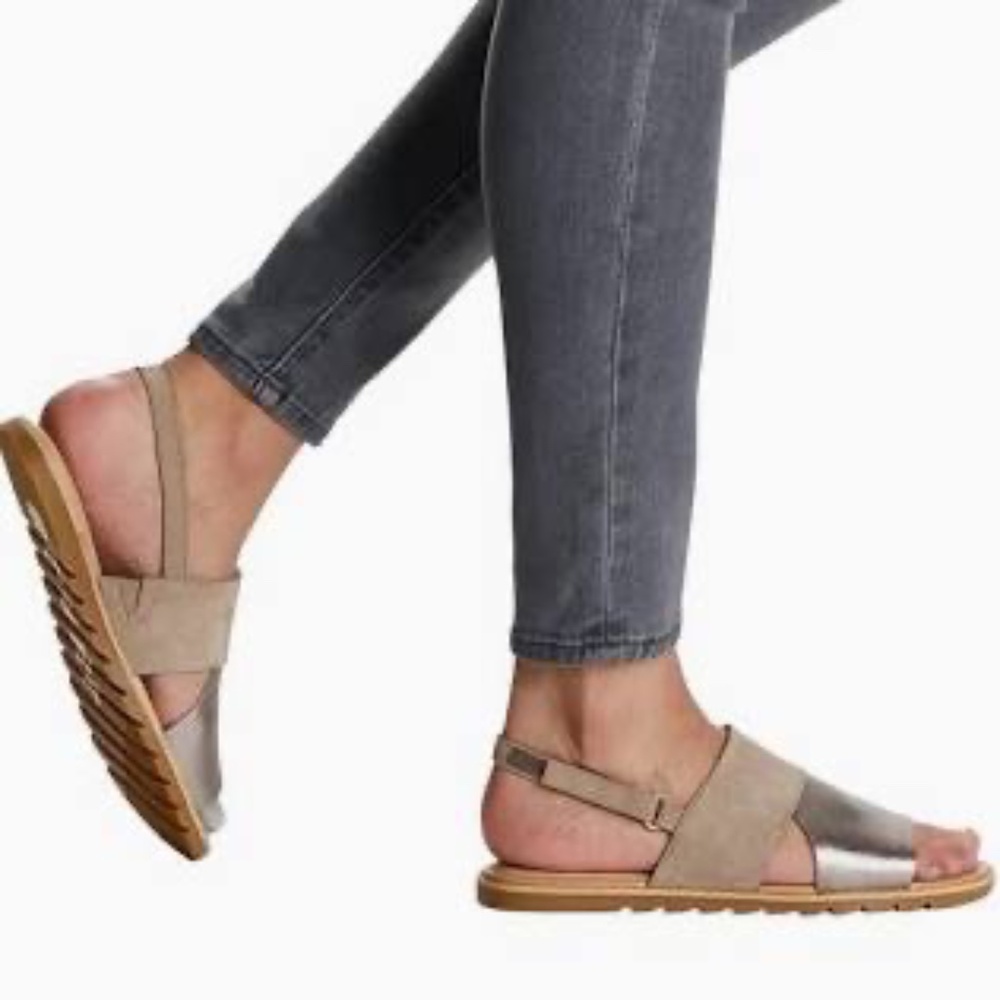 Sorel Ella Li Ash Tan/Pewter Chalk Strappy Slingback Sandals Sz 9.5